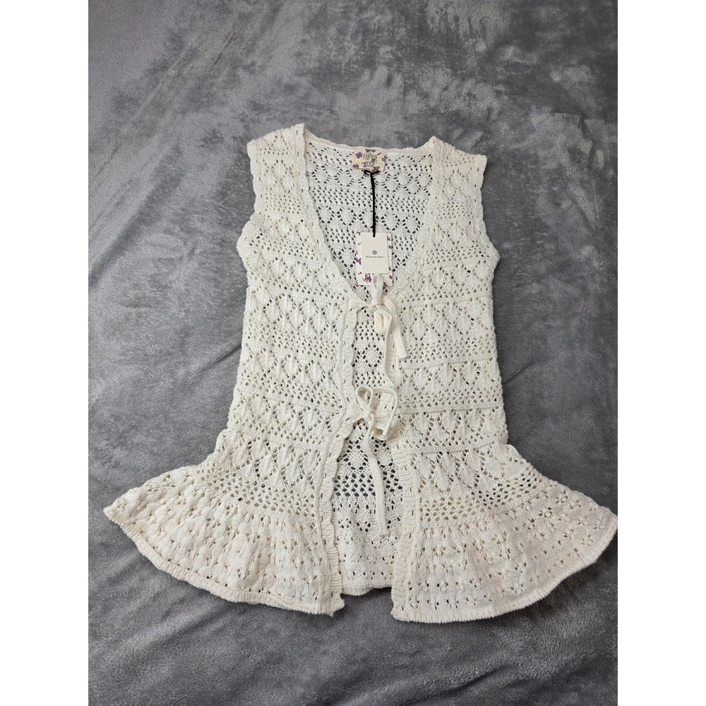 Hippie Rose Womens Cream Crochet Knit‎ Vest Tie Front Ruffle Hem Boho XS New